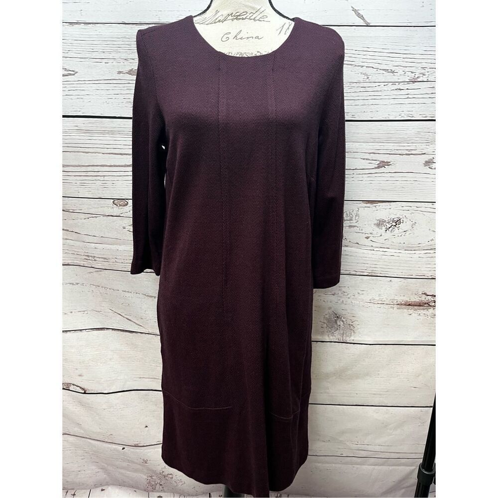 J.Jill Ponte Knit Chevron Pattern Midi Dress Burgundy Long Sleeve Size S
